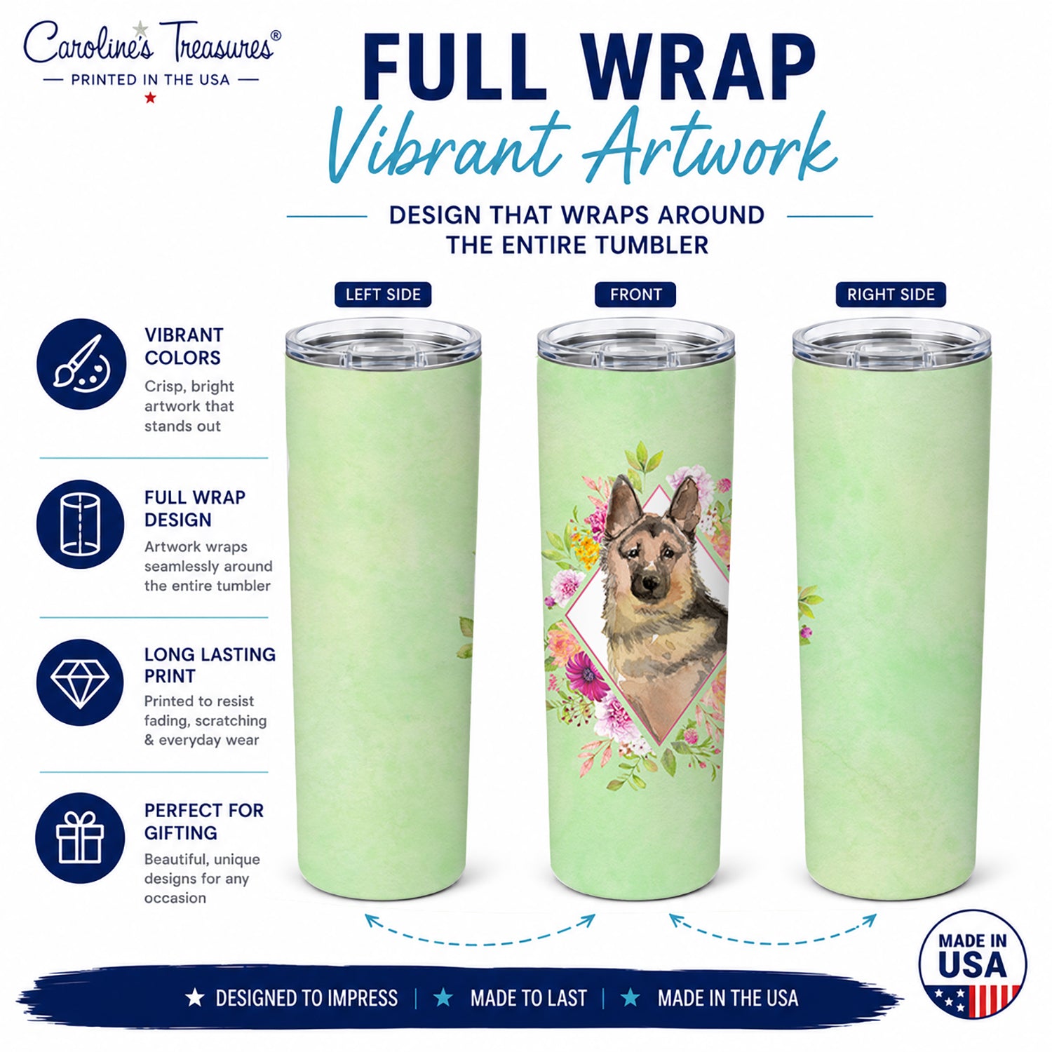German Shepherd Green Flowers Stainless Steel Skinny Tumbler 20 oz Vacuum Double Walled Reusable Insulated Travel Cup
