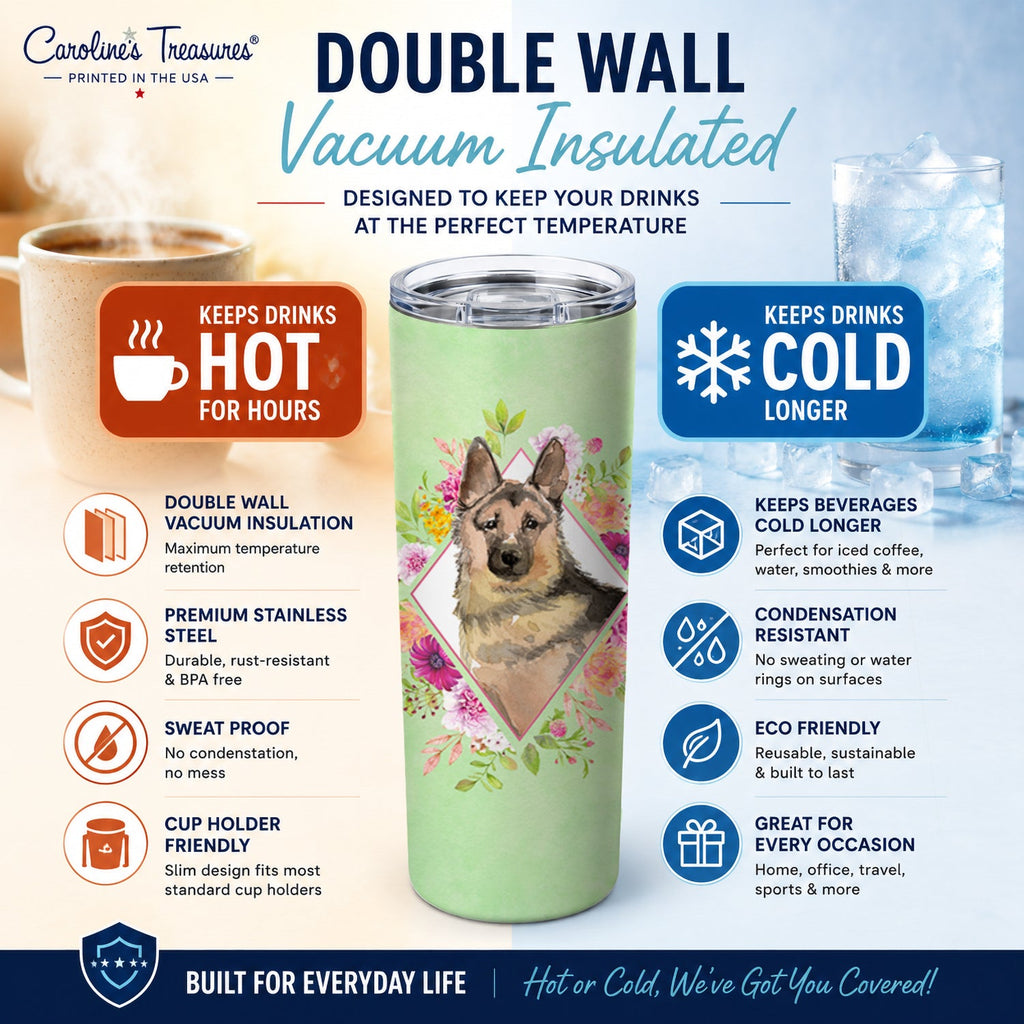 German Shepherd Green Flowers Stainless Steel Skinny Tumbler 20 oz Vacuum Double Walled Reusable Insulated Travel Cup