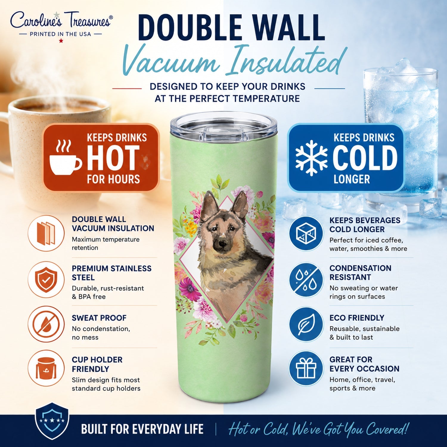 German Shepherd Green Flowers Stainless Steel Skinny Tumbler 20 oz Vacuum Double Walled Reusable Insulated Travel Cup