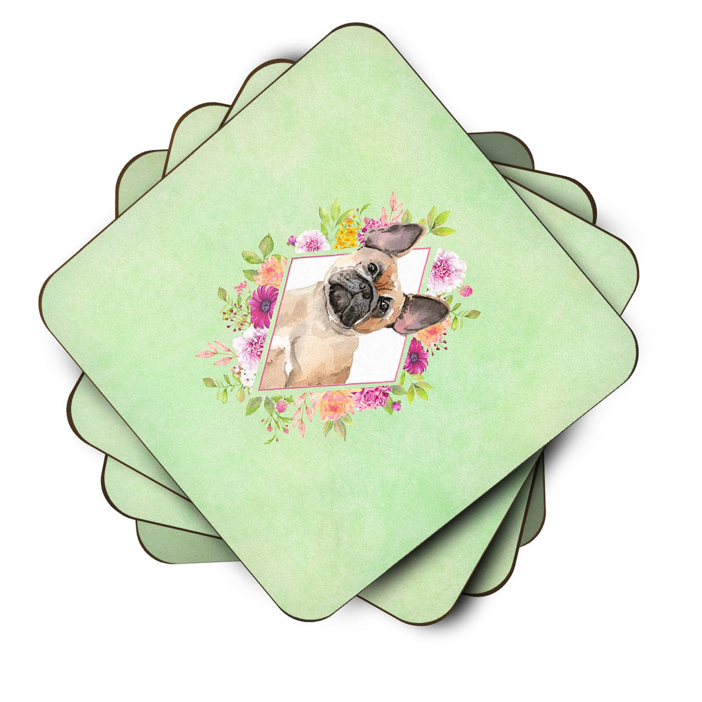 Fawn French Bulldog Green Flowers Foam Coasters Set of 4 Cup Coasters for Indoor Outdoor, Tabletop Protection, Anti Slip, Mouse pad Material