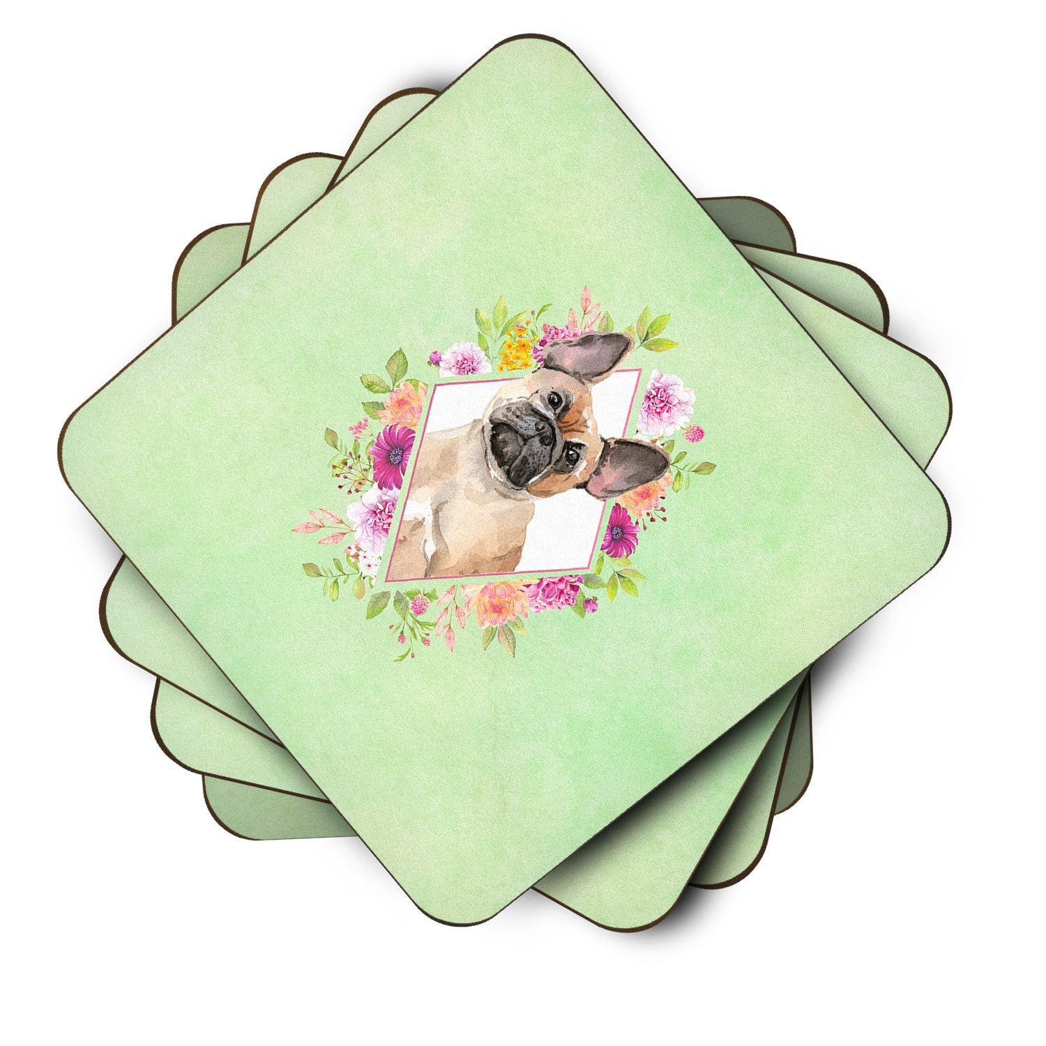 Fawn French Bulldog Green Flowers Foam Coasters Set of 4 Cup Coasters for Indoor Outdoor, Tabletop Protection, Anti Slip, Mouse pad Material