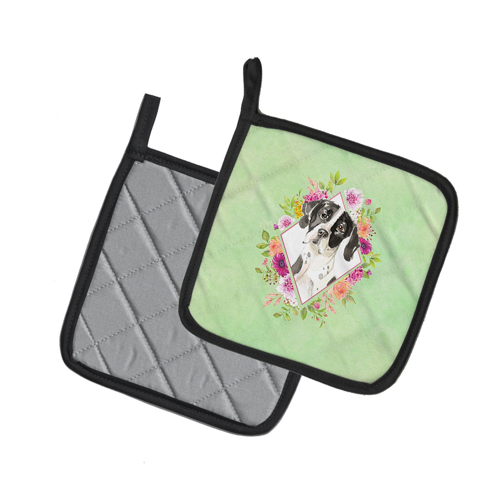 English Pointer Green Flowers Pot Holder Set of 2 Heat Resistant Quilted Hot Pads 7.5 x 7.5 Inch, Insulated Kitchen Trivets for Cooking & Baking