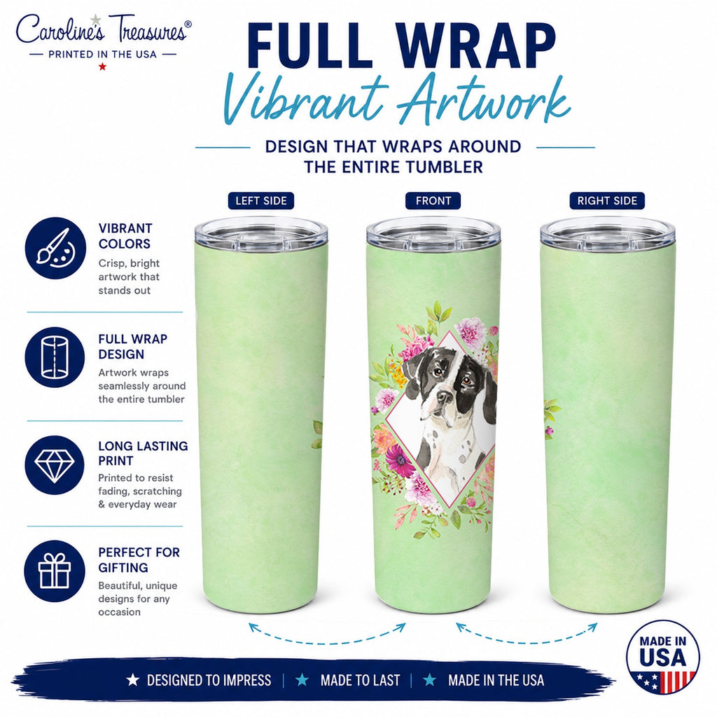 English Pointer Green Flowers Stainless Steel Skinny Tumbler 20 oz Vacuum Double Walled Reusable Insulated Travel Cup