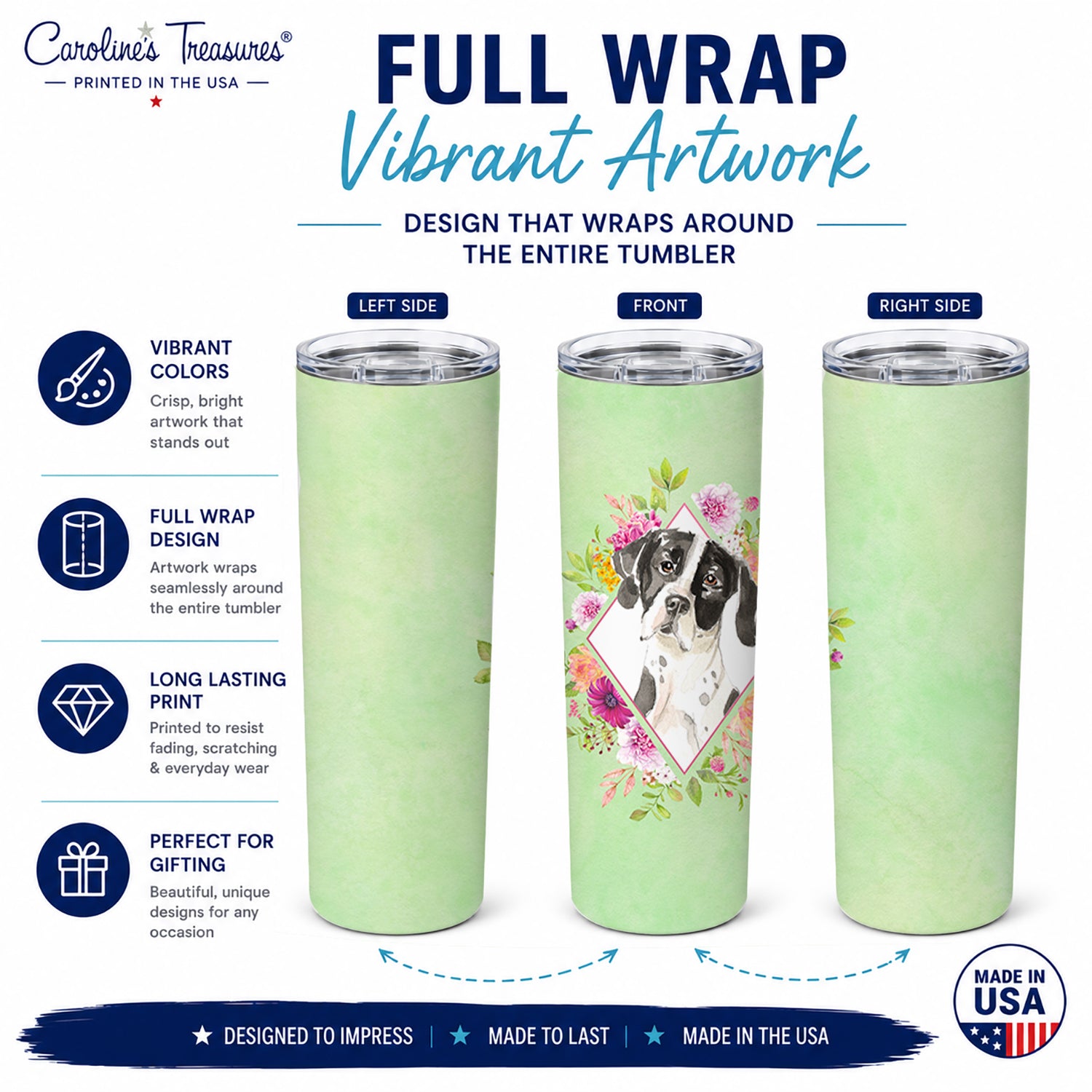 English Pointer Green Flowers Stainless Steel Skinny Tumbler 20 oz Vacuum Double Walled Reusable Insulated Travel Cup