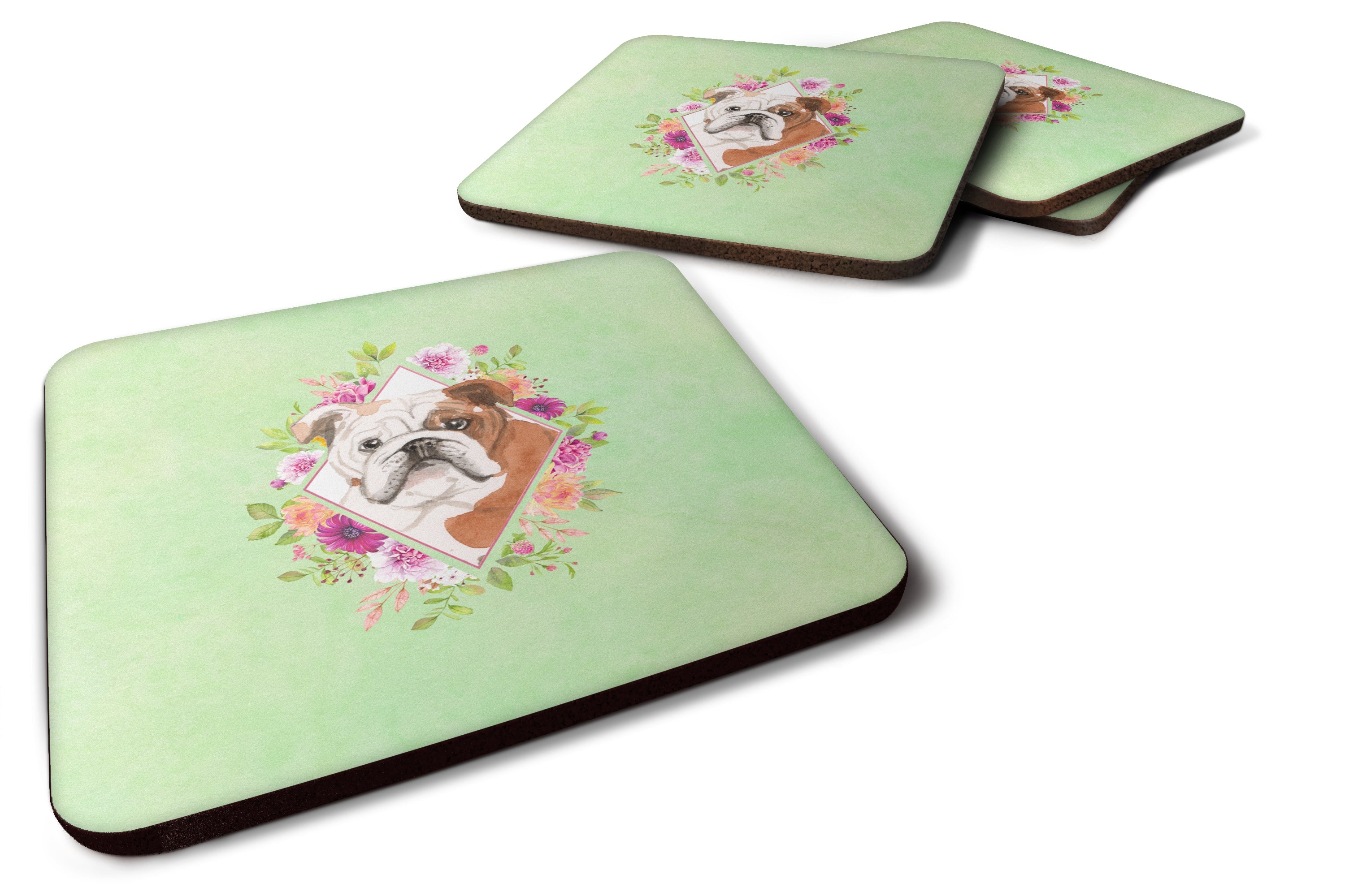 English Bulldog Green Flowers Foam Coasters Set of 4 Cup Coasters for Indoor Outdoor, Tabletop Protection, Anti Slip, Mouse pad Material