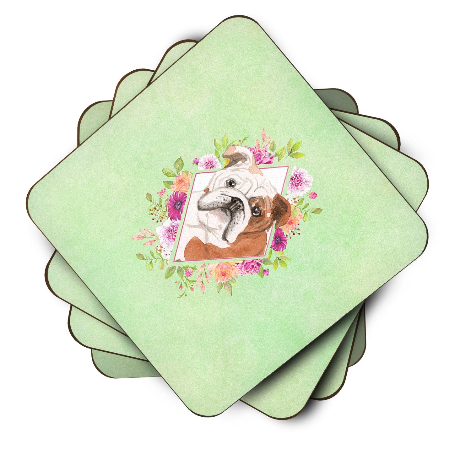English Bulldog Green Flowers Foam Coasters Set of 4 Cup Coasters for Indoor Outdoor, Tabletop Protection, Anti Slip, Mouse pad Material