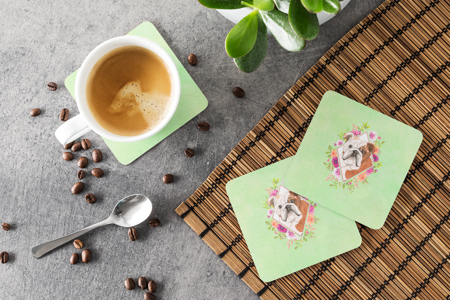 English Bulldog Green Flowers Foam Coasters Set of 4 Cup Coasters for Indoor Outdoor, Tabletop Protection, Anti Slip, Mouse pad Material