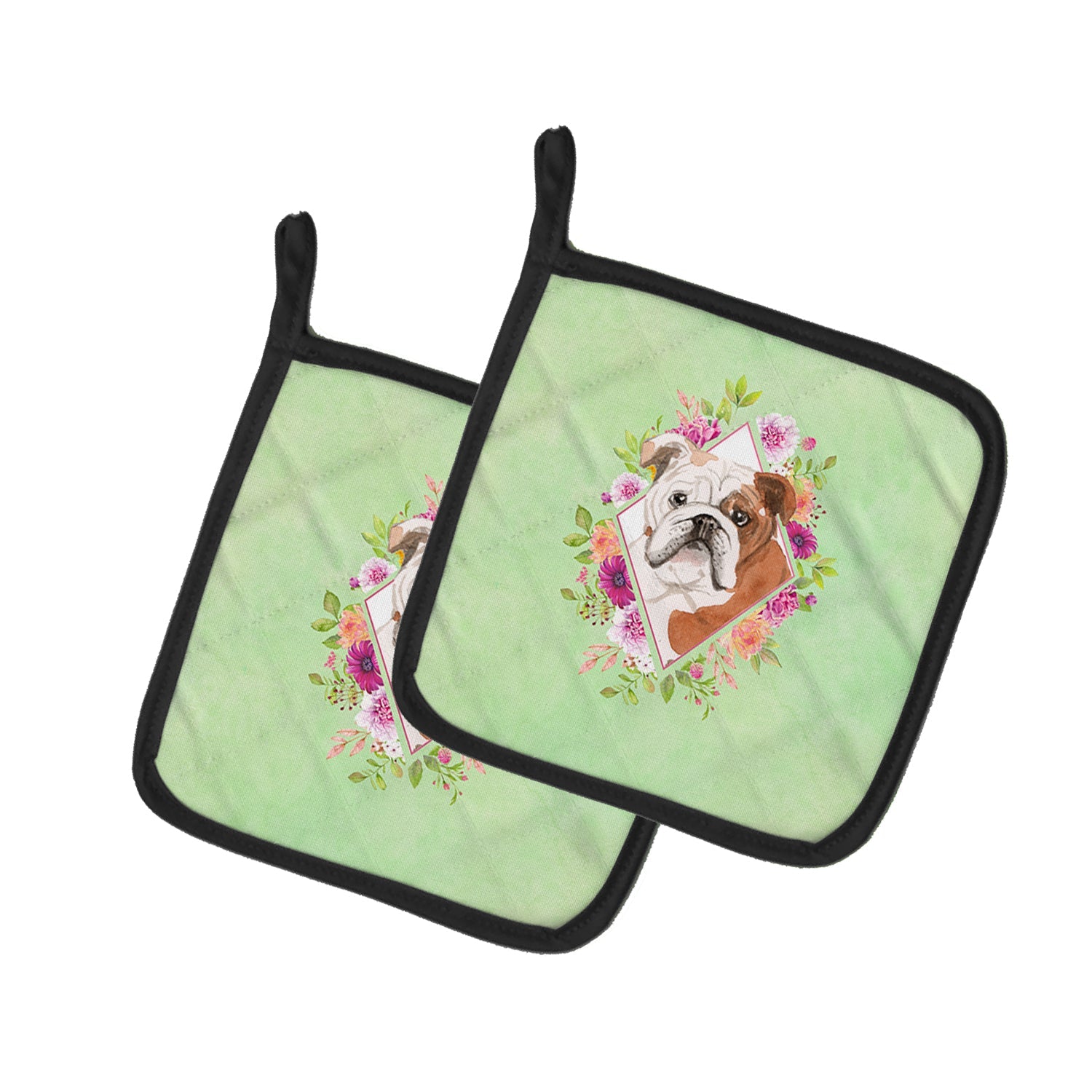 English Bulldog Green Flowers Pot Holder Set of 2 Heat Resistant Quilted Hot Pads 7.5 x 7.5 Inch, Insulated Kitchen Trivets for Cooking & Baking