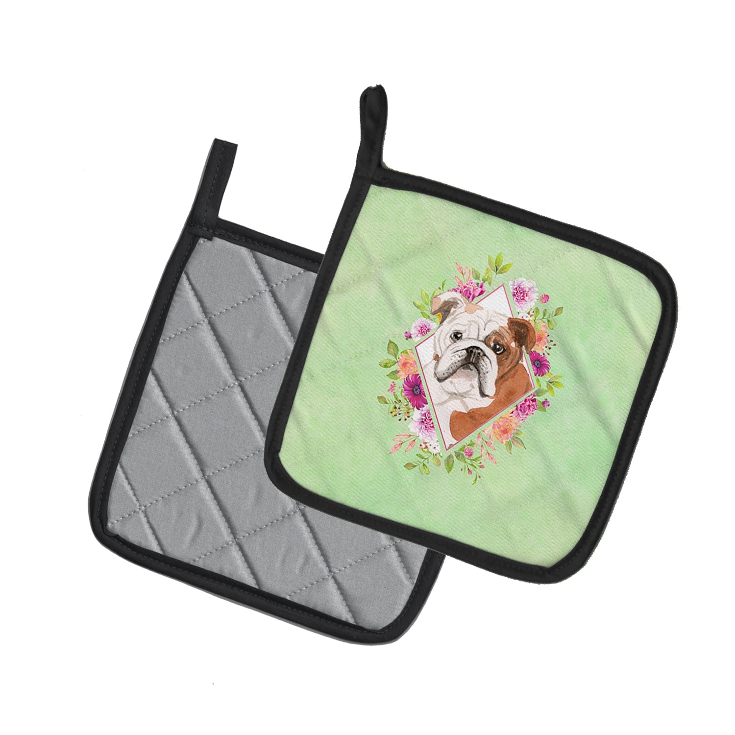 English Bulldog Green Flowers Pot Holder Set of 2 Heat Resistant Quilted Hot Pads 7.5 x 7.5 Inch, Insulated Kitchen Trivets for Cooking & Baking