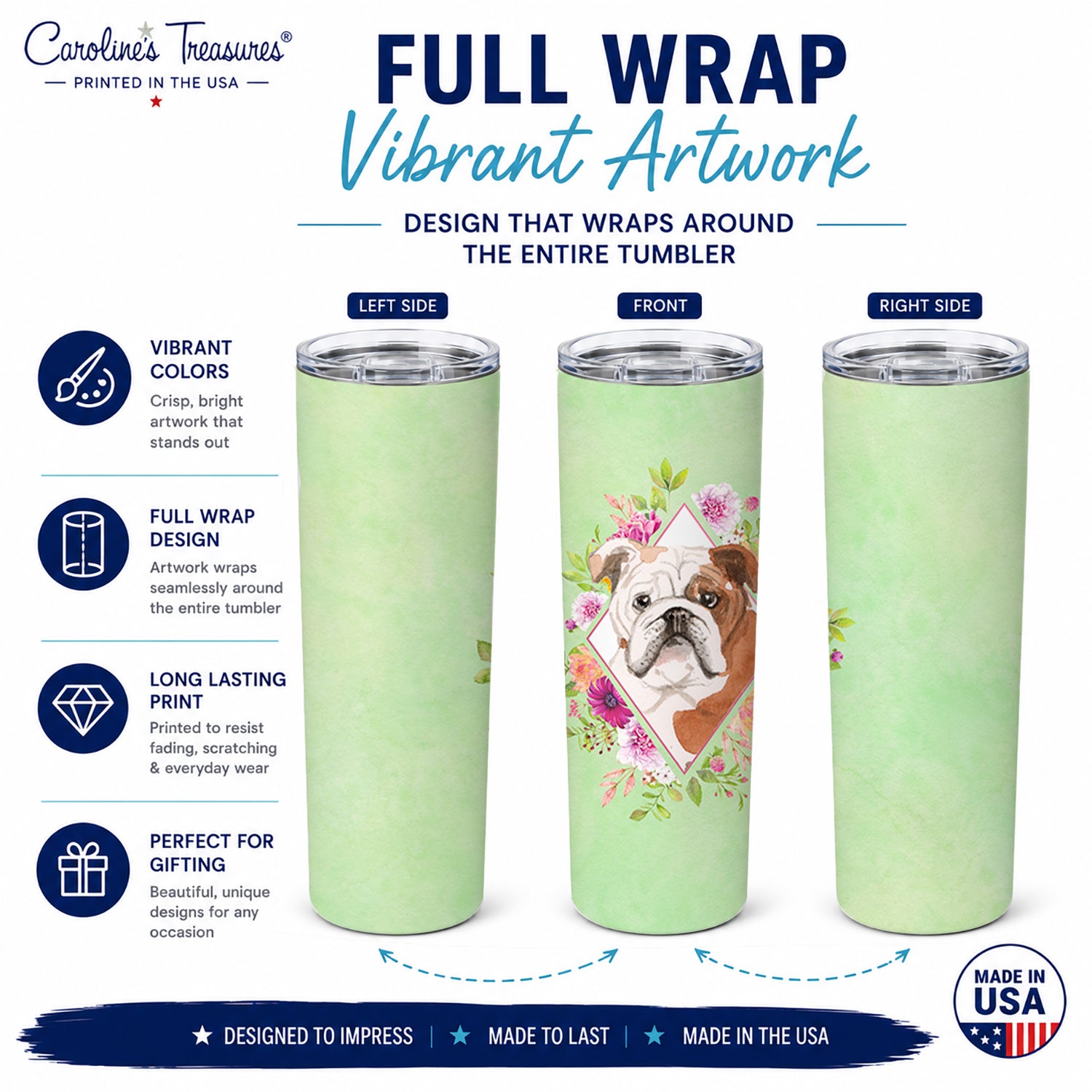 English Bulldog Green Flowers Stainless Steel Skinny Tumbler 20 oz Vacuum Double Walled Reusable Insulated Travel Cup