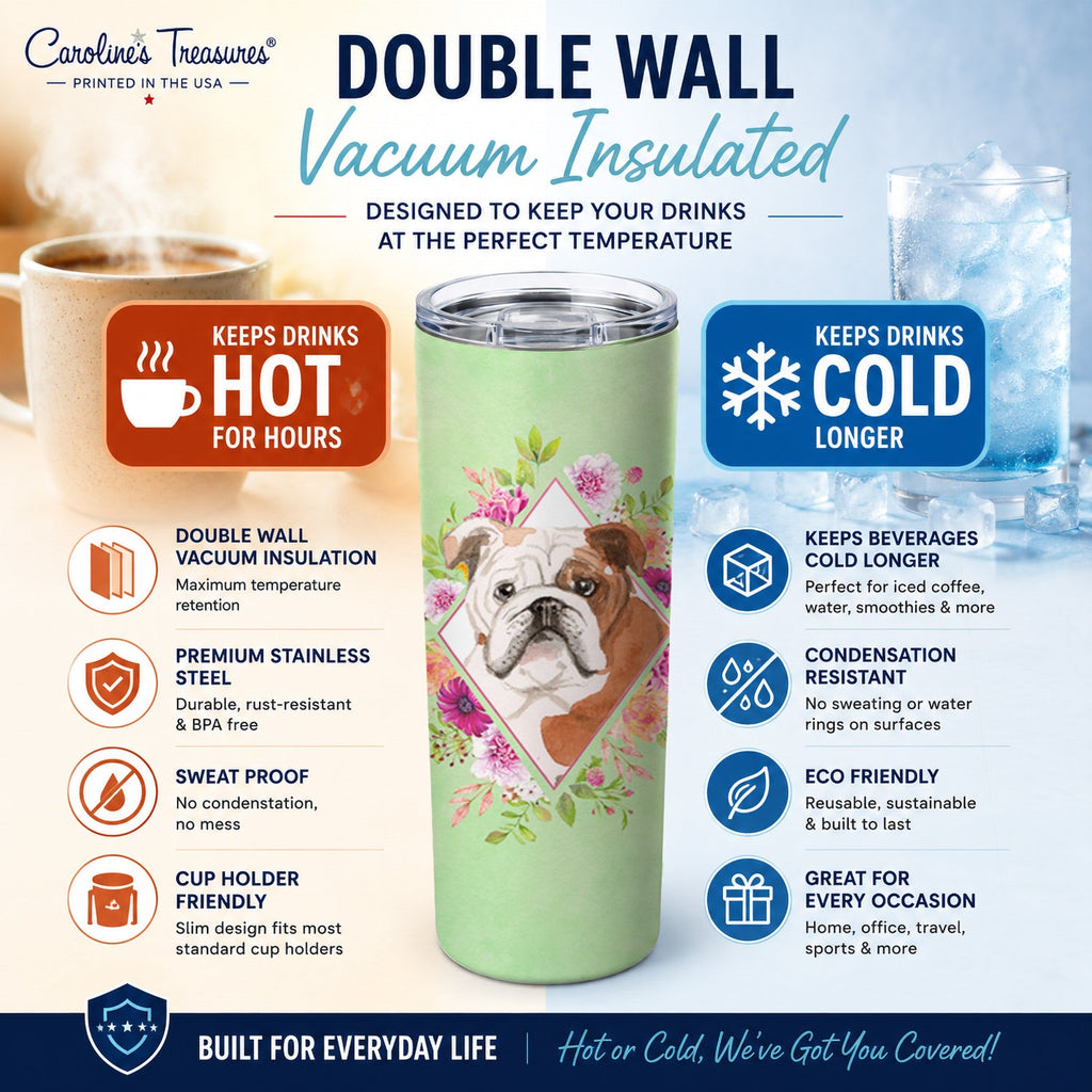 English Bulldog Green Flowers Stainless Steel Skinny Tumbler 20 oz Vacuum Double Walled Reusable Insulated Travel Cup
