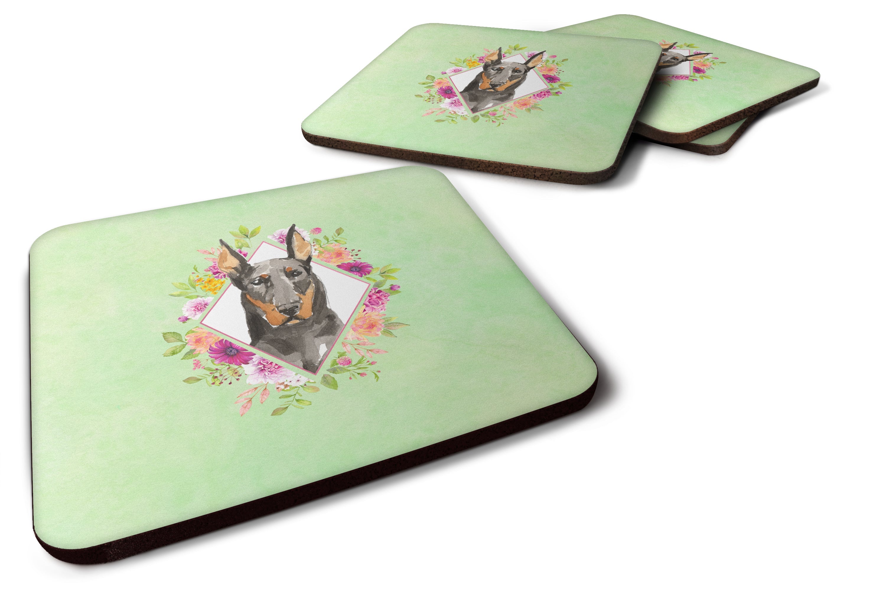 Doberman Pinsher Green Flowers Foam Coasters Set of 4 Cup Coasters for Indoor Outdoor, Tabletop Protection, Anti Slip, Mouse pad Material