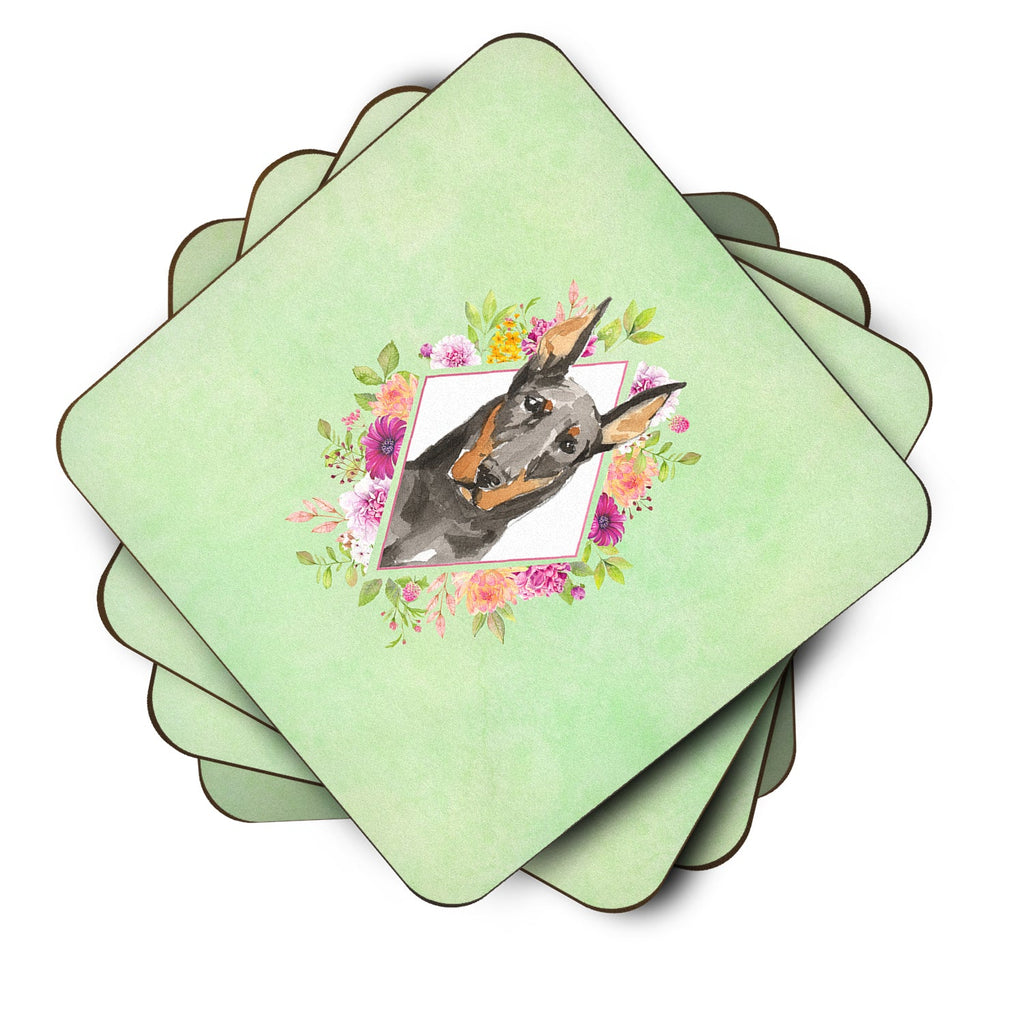 Doberman Pinsher Green Flowers Foam Coasters Set of 4 Cup Coasters for Indoor Outdoor, Tabletop Protection, Anti Slip, Mouse pad Material