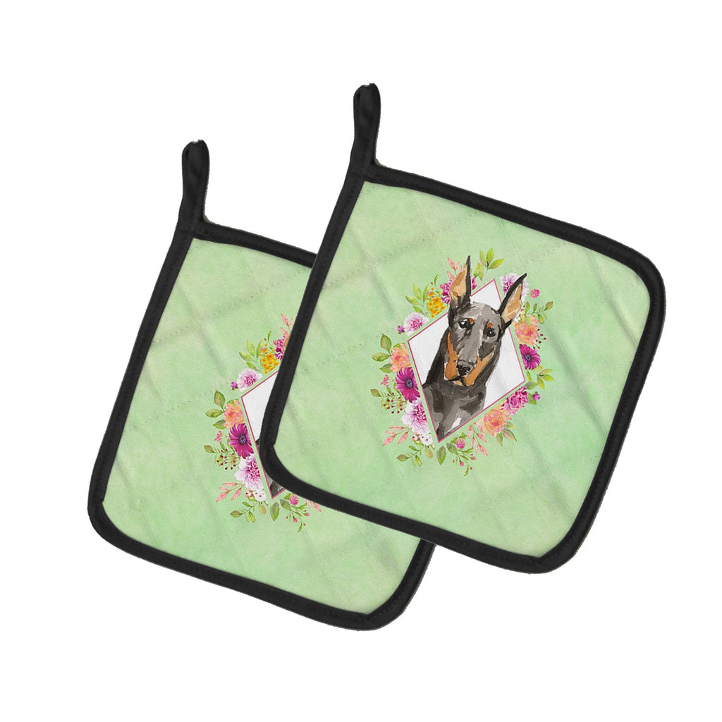 Doberman Pinsher Green Flowers Pot Holder Set of 2 Heat Resistant Quilted Hot Pads 7.5 x 7.5 Inch, Insulated Kitchen Trivets for Cooking & Baking