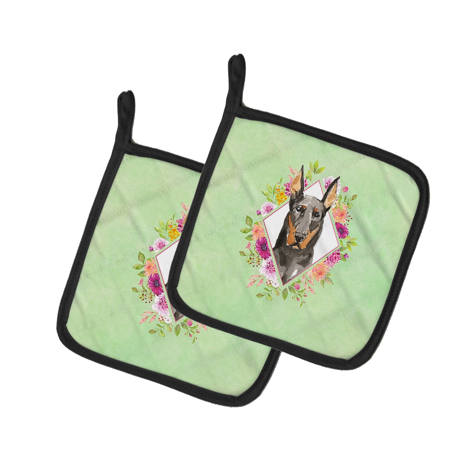 Doberman Pinsher Green Flowers Pot Holder Set of 2 Heat Resistant Quilted Hot Pads 7.5 x 7.5 Inch, Insulated Kitchen Trivets for Cooking & Baking