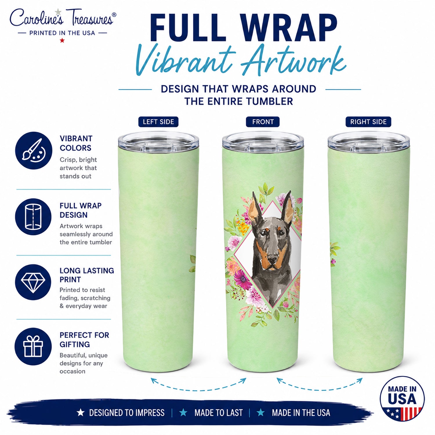 Doberman Pinsher Green Flowers Stainless Steel Skinny Tumbler 20 oz Vacuum Double Walled Reusable Insulated Travel Cup