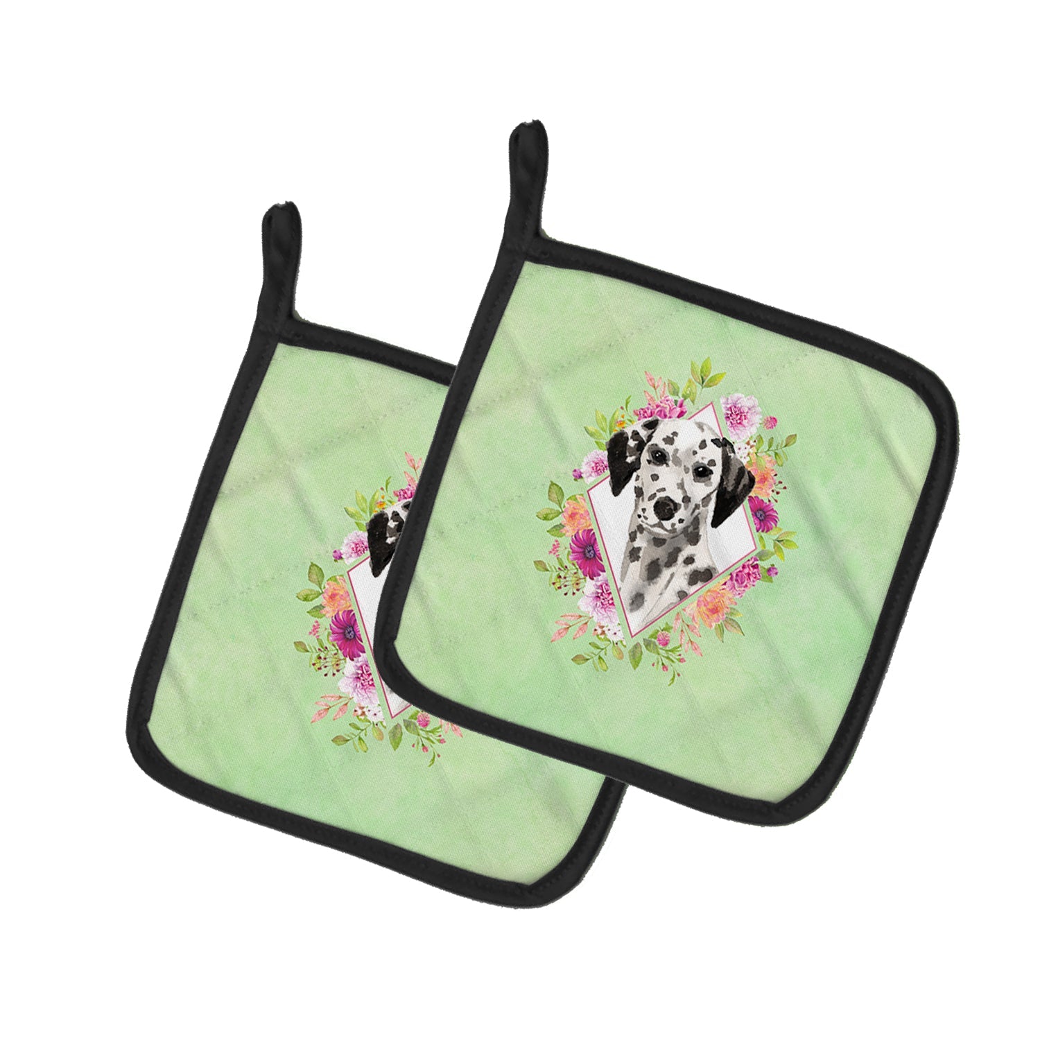 Dalmatian Green Flowers Pot Holder Set of 2 Heat Resistant Quilted Hot Pads 7.5 x 7.5 Inch, Insulated Kitchen Trivets for Cooking & Baking