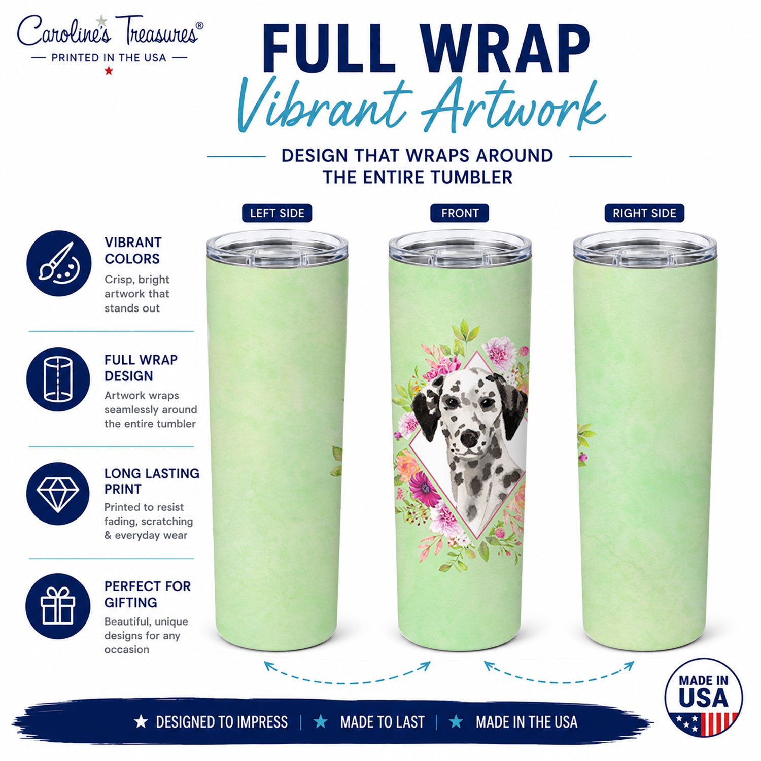 Dalmatian Green Flowers Stainless Steel Skinny Tumbler 20 oz Vacuum Double Walled Reusable Insulated Travel Cup