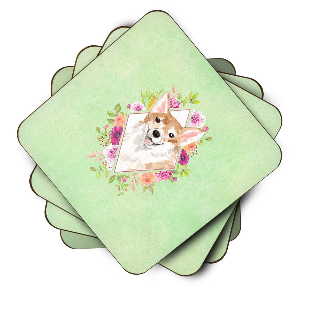 Corgi Green Flowers Foam Coasters Set of 4 Cup Coasters for Indoor Outdoor, Tabletop Protection, Anti Slip, Mouse pad Material