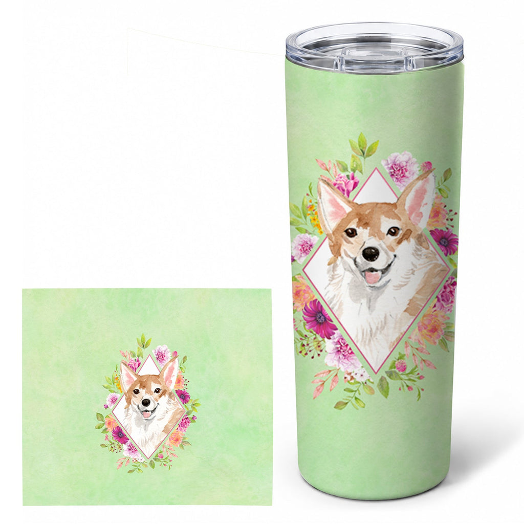 Corgi Green Flowers Stainless Steel Skinny Tumbler 20 oz Vacuum Double Walled Reusable Insulated Travel Cup