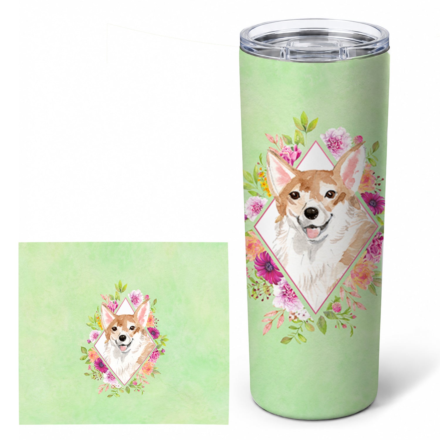 Corgi Green Flowers Stainless Steel Skinny Tumbler 20 oz Vacuum Double Walled Reusable Insulated Travel Cup