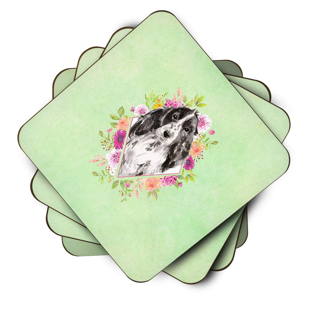Black Parti Cocker Spaniel Green Flowers Foam Coasters Set of 4 Cup Coasters for Indoor Outdoor, Tabletop Protection, Anti Slip, Mouse pad Material