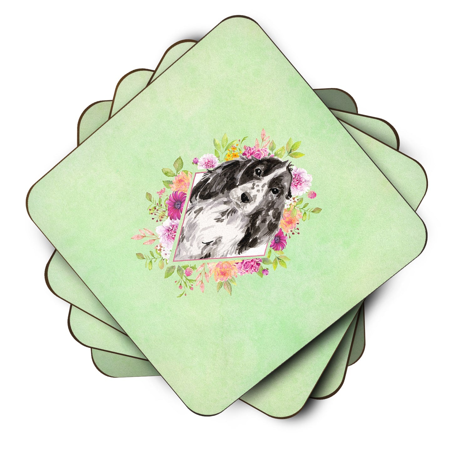 Black Parti Cocker Spaniel Green Flowers Foam Coasters Set of 4 Cup Coasters for Indoor Outdoor, Tabletop Protection, Anti Slip, Mouse pad Material