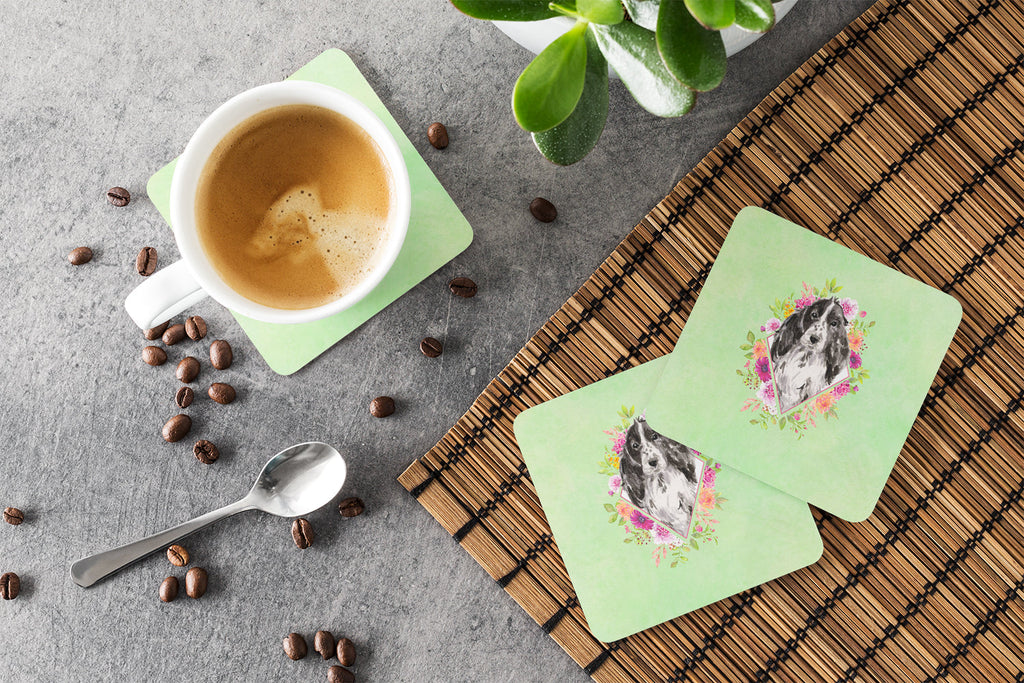 Black Parti Cocker Spaniel Green Flowers Foam Coasters Set of 4 Cup Coasters for Indoor Outdoor, Tabletop Protection, Anti Slip, Mouse pad Material