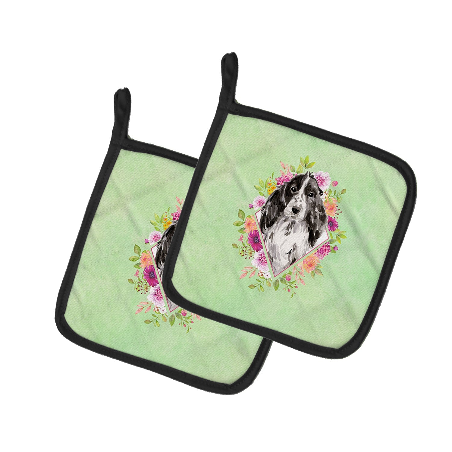 Black Parti Cocker Spaniel Green Flowers Pot Holder Set of 2 Heat Resistant Quilted Hot Pads 7.5 x 7.5 Inch, Insulated Kitchen Trivets for Cooking & Baking