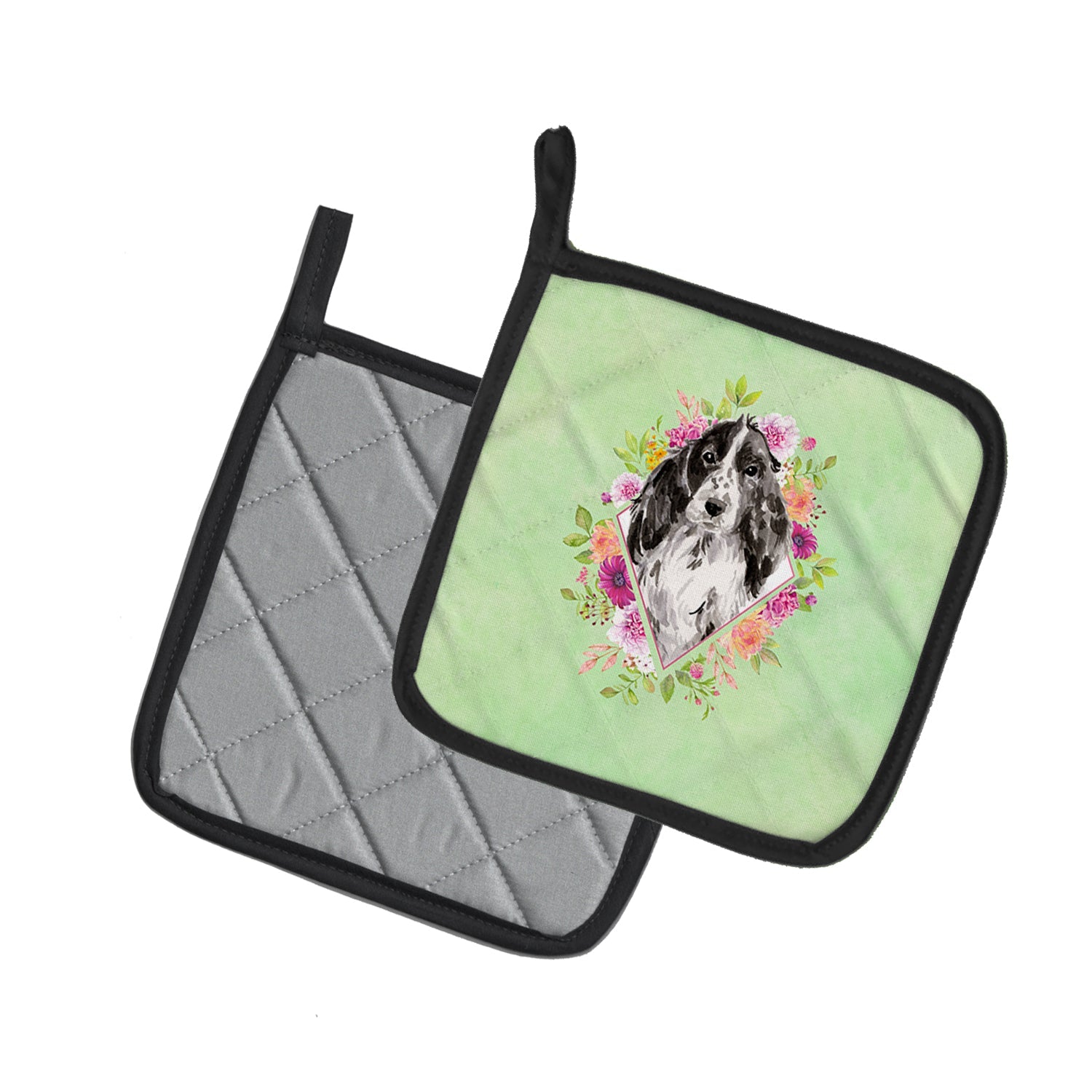 Black Parti Cocker Spaniel Green Flowers Pot Holder Set of 2 Heat Resistant Quilted Hot Pads 7.5 x 7.5 Inch, Insulated Kitchen Trivets for Cooking & Baking
