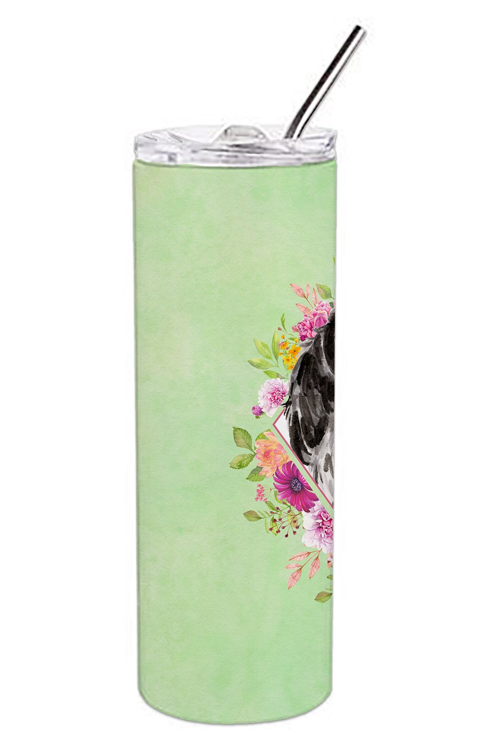 Black Parti Cocker Spaniel Green Flowers Stainless Steel Skinny Tumbler 20 oz Vacuum Double Walled Reusable Insulated Travel Cup