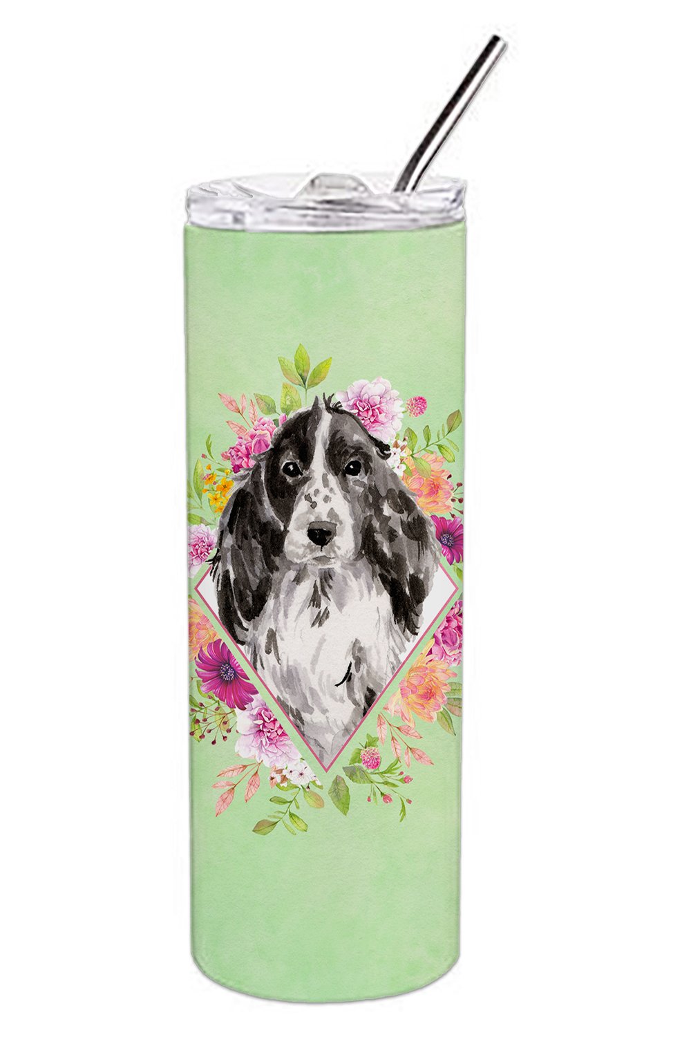 Black Parti Cocker Spaniel Green Flowers Stainless Steel Skinny Tumbler 20 oz Vacuum Double Walled Reusable Insulated Travel Cup