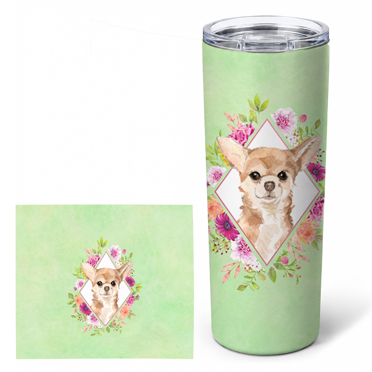 Chihuahua Green Flowers Stainless Steel Skinny Tumbler 20 oz Vacuum Double Walled Reusable Insulated Travel Cup