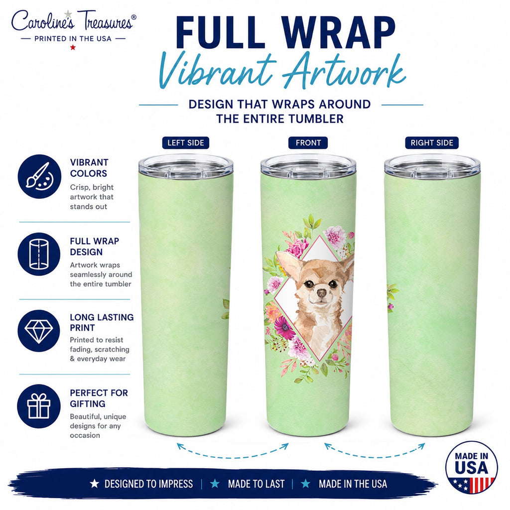 Chihuahua Green Flowers Stainless Steel Skinny Tumbler 20 oz Vacuum Double Walled Reusable Insulated Travel Cup