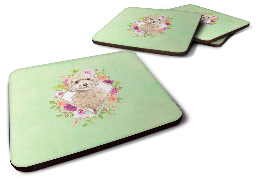 Champagne Cockapoo Green Flowers Foam Coasters Set of 4 Cup Coasters for Indoor Outdoor, Tabletop Protection, Anti Slip, Mouse pad Material