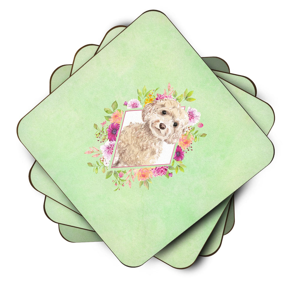 Champagne Cockapoo Green Flowers Foam Coasters Set of 4 Cup Coasters for Indoor Outdoor, Tabletop Protection, Anti Slip, Mouse pad Material