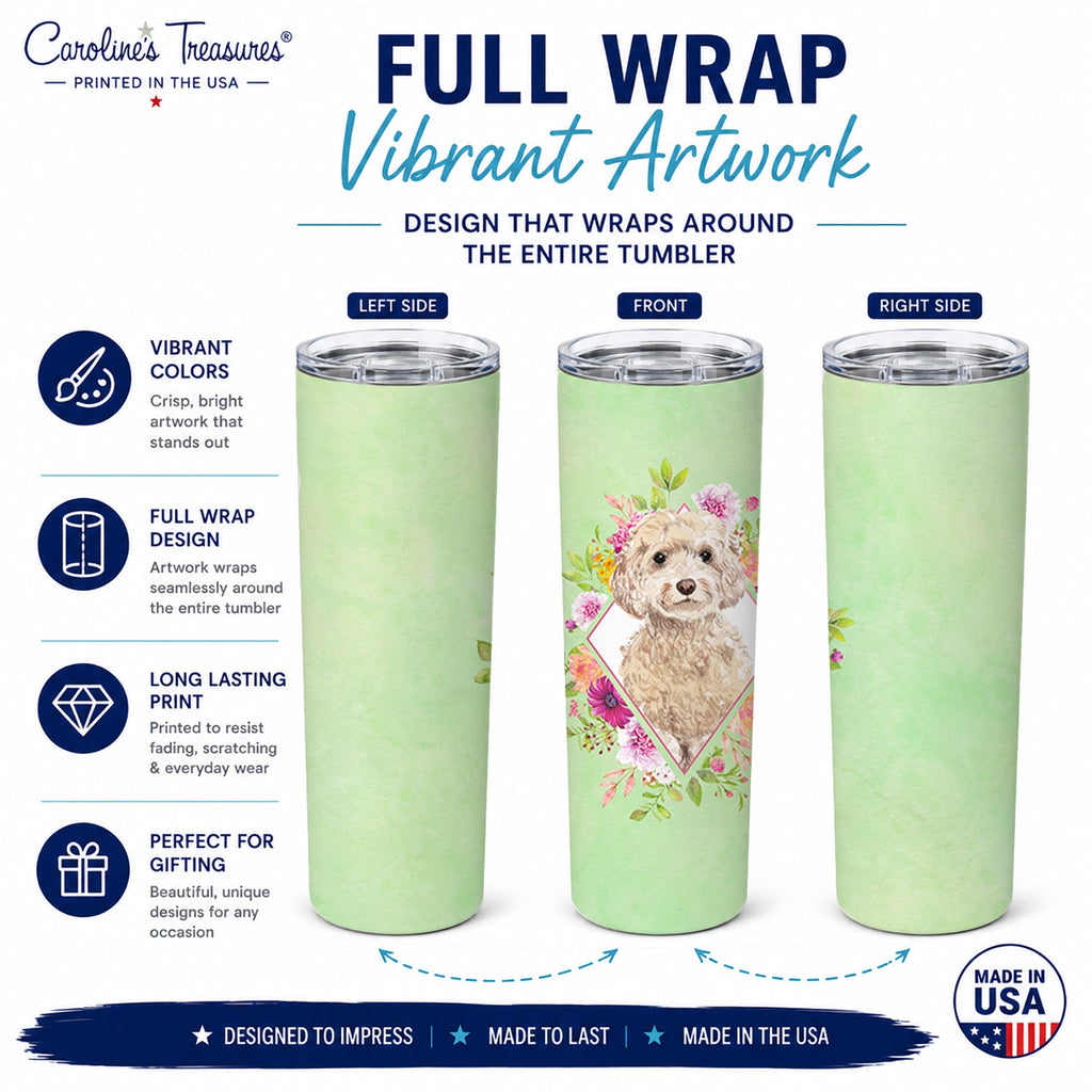 Champagne Cockapoo Green Flowers Stainless Steel Skinny Tumbler 20 oz Vacuum Double Walled Reusable Insulated Travel Cup