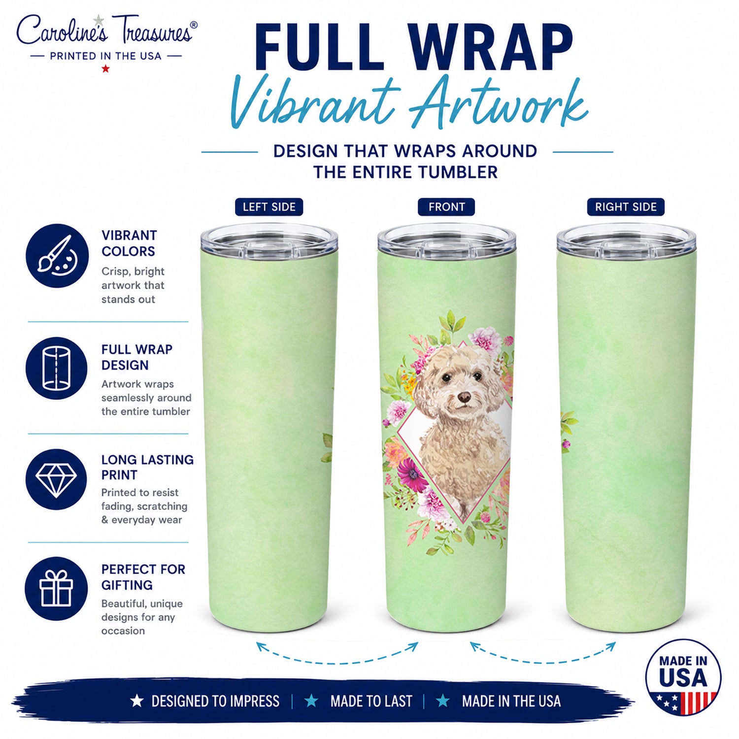 Champagne Cockapoo Green Flowers Stainless Steel Skinny Tumbler 20 oz Vacuum Double Walled Reusable Insulated Travel Cup