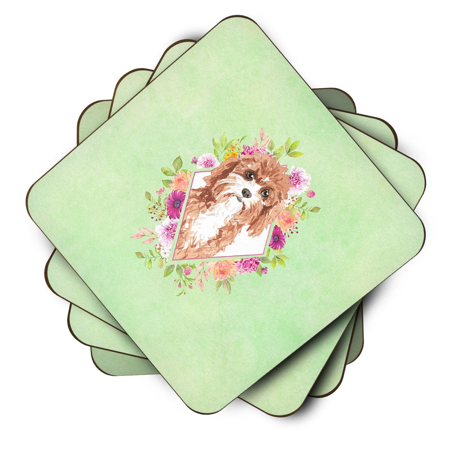 Cavapoo Green Flowers Foam Coasters Set of 4 Cup Coasters for Indoor Outdoor, Tabletop Protection, Anti Slip, Mouse pad Material