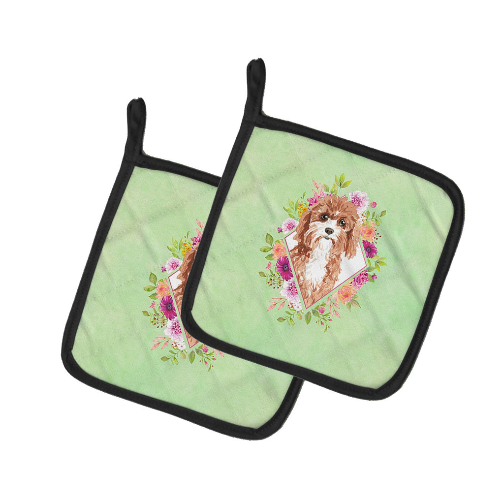 Cavapoo Green Flowers Pot Holder Set of 2 Heat Resistant Quilted Hot Pads 7.5 x 7.5 Inch, Insulated Kitchen Trivets for Cooking & Baking