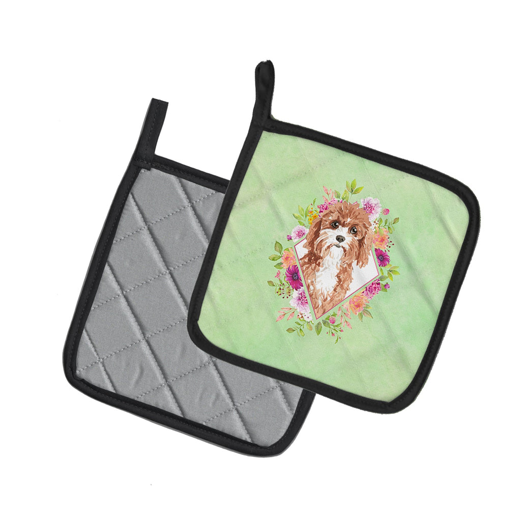 Cavapoo Green Flowers Pot Holder Set of 2 Heat Resistant Quilted Hot Pads 7.5 x 7.5 Inch, Insulated Kitchen Trivets for Cooking & Baking