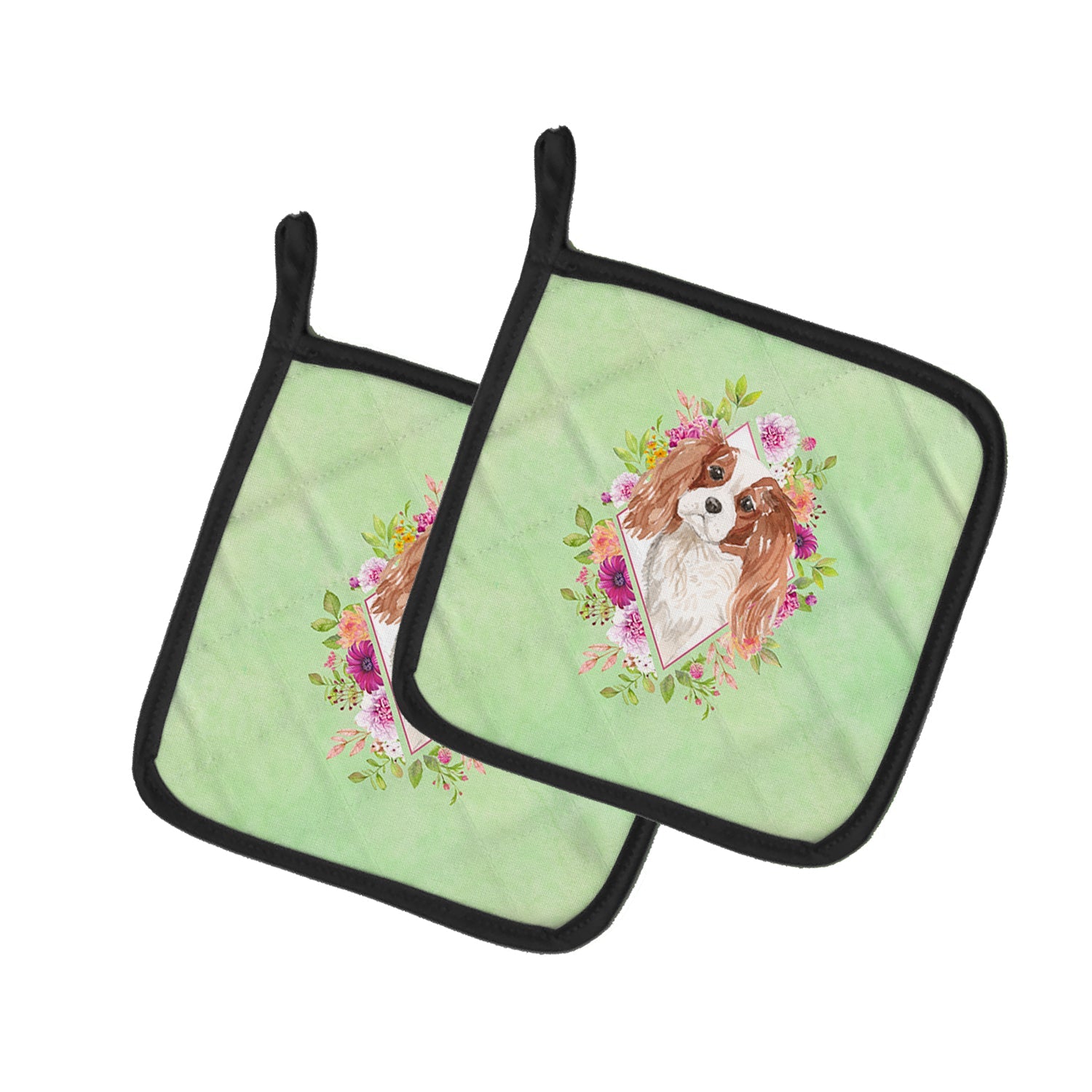 Blenheim Cavalier Spaniel Green Flowers Pot Holder Set of 2 Heat Resistant Quilted Hot Pads 7.5 x 7.5 Inch, Insulated Kitchen Trivets for Cooking & Baking