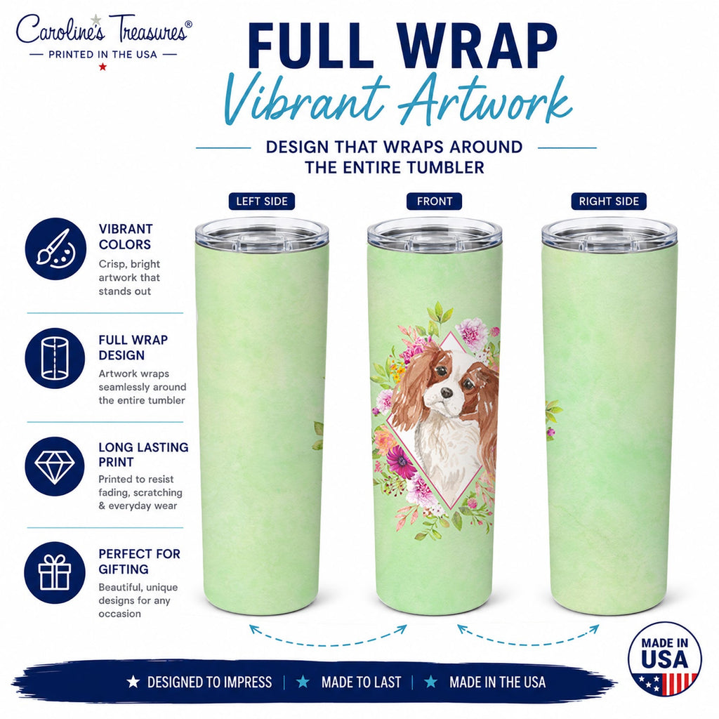 Blenheim Cavalier Spaniel Green Flowers Stainless Steel Skinny Tumbler 20 oz Vacuum Double Walled Reusable Insulated Travel Cup