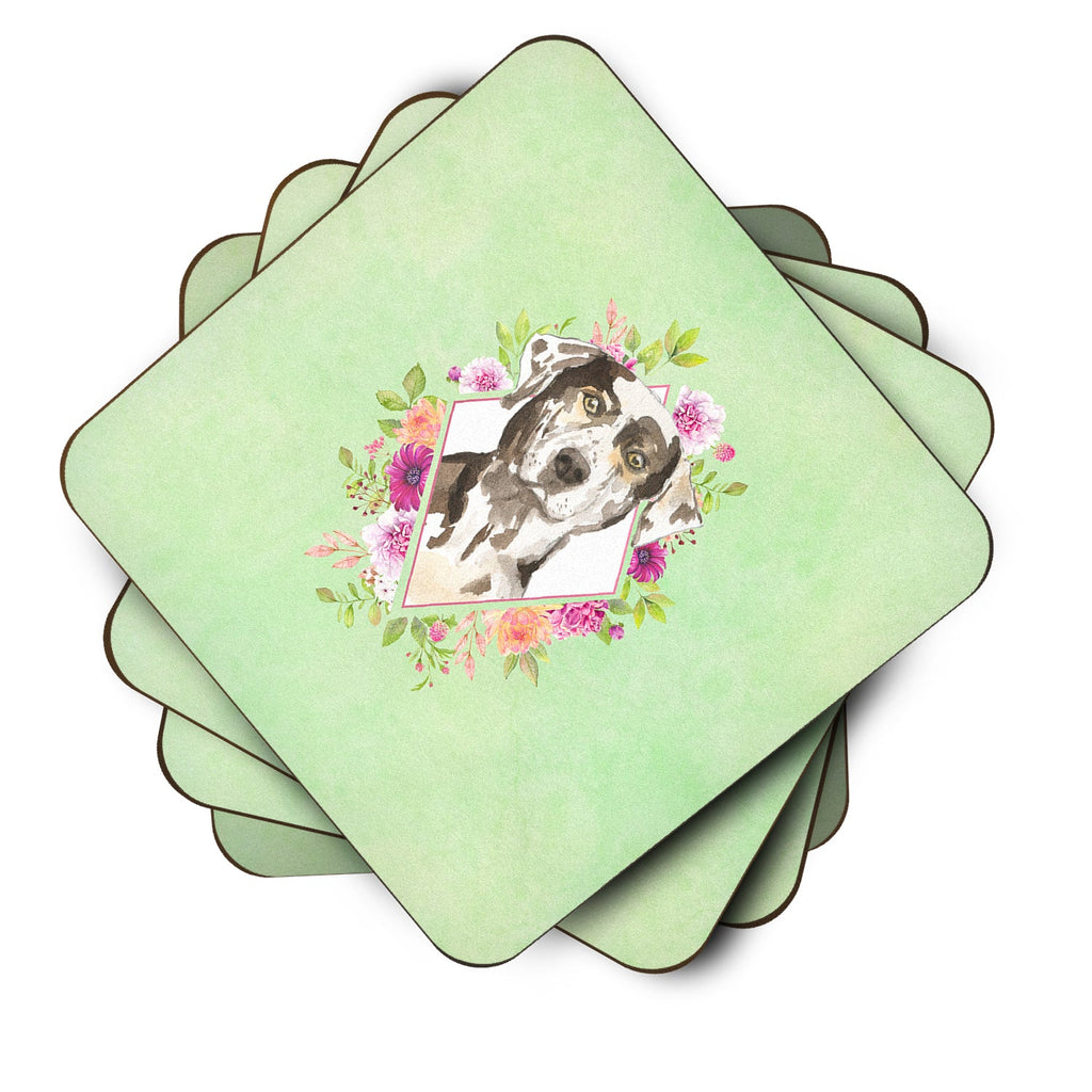 Catahoula Leopard Dog Green Flowers Foam Coasters Set of 4 Cup Coasters for Indoor Outdoor, Tabletop Protection, Anti Slip, Mouse pad Material