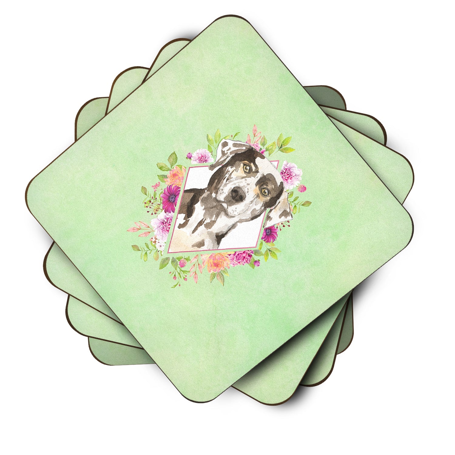 Catahoula Leopard Dog Green Flowers Foam Coasters Set of 4 Cup Coasters for Indoor Outdoor, Tabletop Protection, Anti Slip, Mouse pad Material