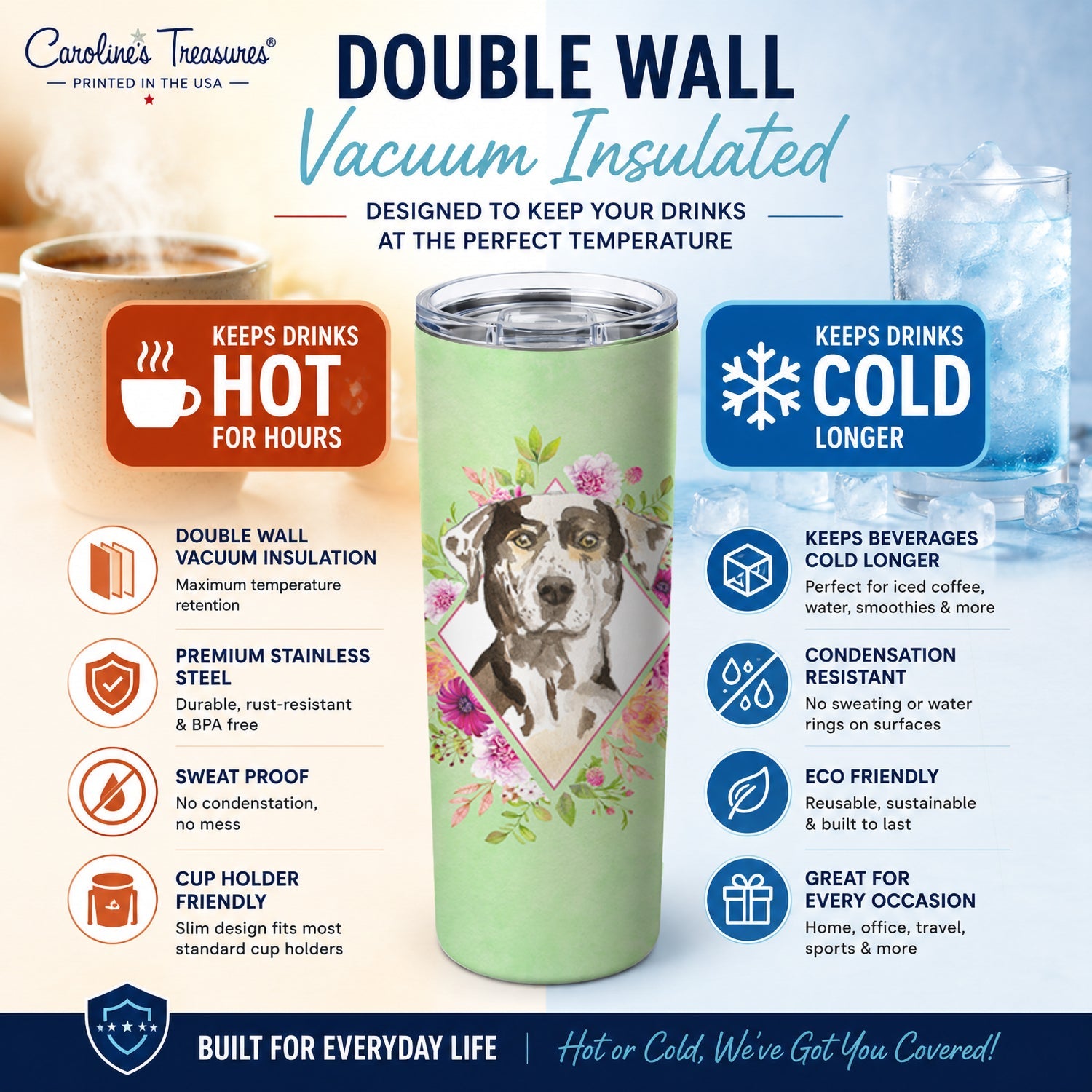 Catahoula Leopard Dog Green Flowers Stainless Steel Skinny Tumbler 20 oz Vacuum Double Walled Reusable Insulated Travel Cup