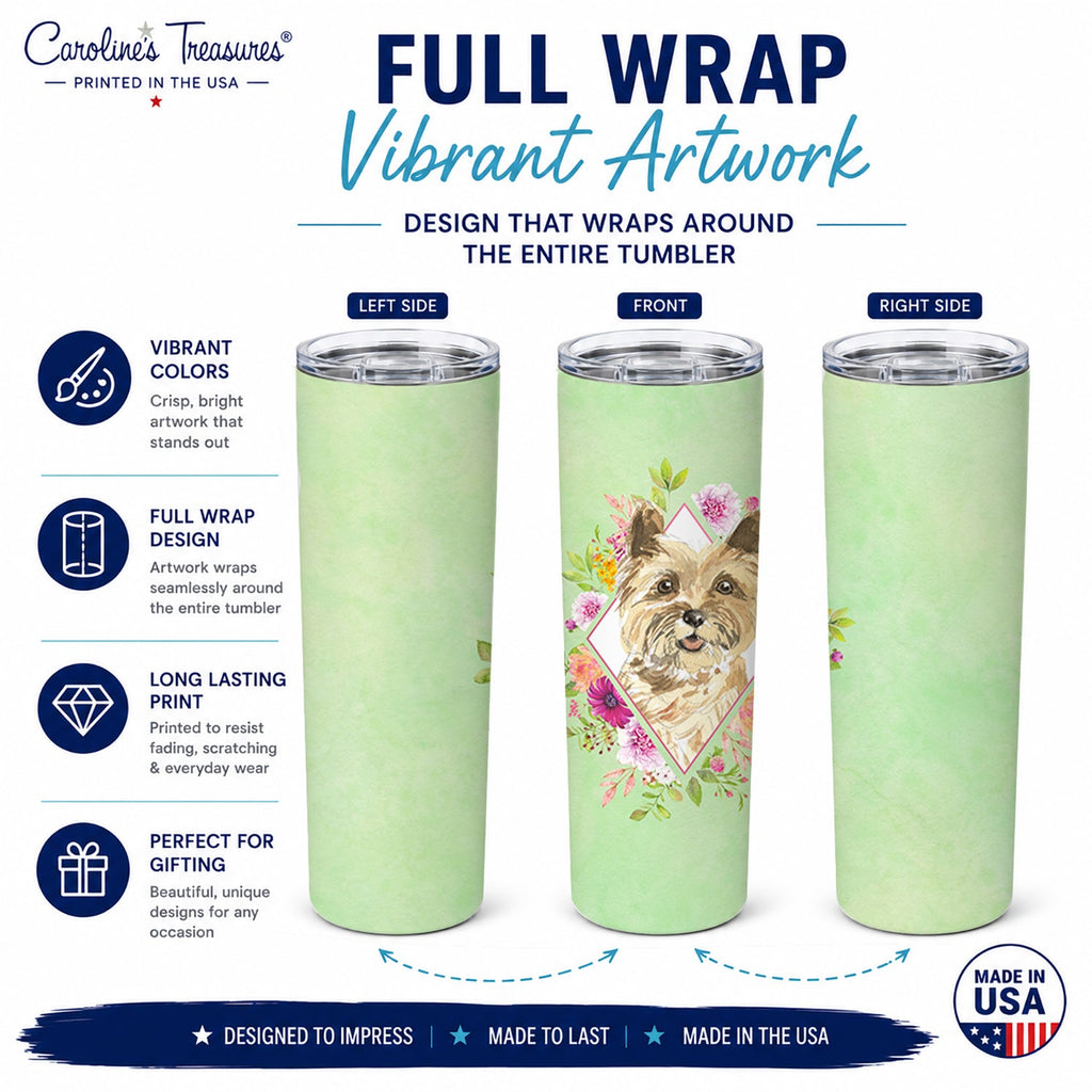 Cairn Terrier Green Flowers Stainless Steel Skinny Tumbler 20 oz Vacuum Double Walled Reusable Insulated Travel Cup