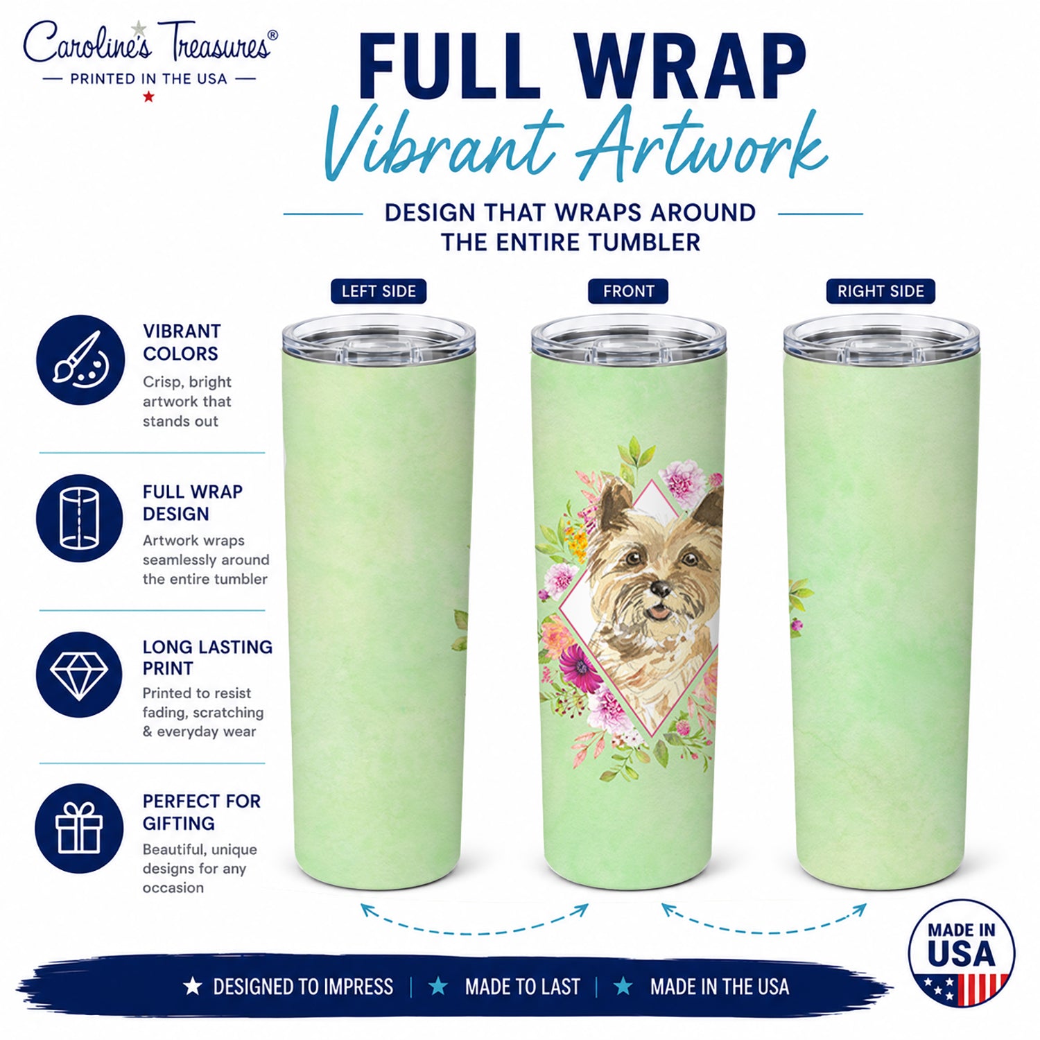Cairn Terrier Green Flowers Stainless Steel Skinny Tumbler 20 oz Vacuum Double Walled Reusable Insulated Travel Cup