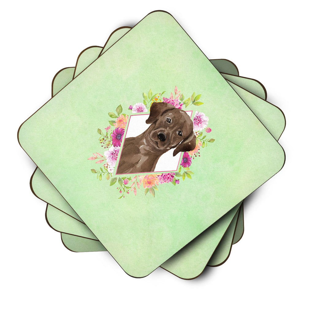 Chocolate Labrador Green Flowers Foam Coasters Set of 4 Cup Coasters for Indoor Outdoor, Tabletop Protection, Anti Slip, Mouse pad Material