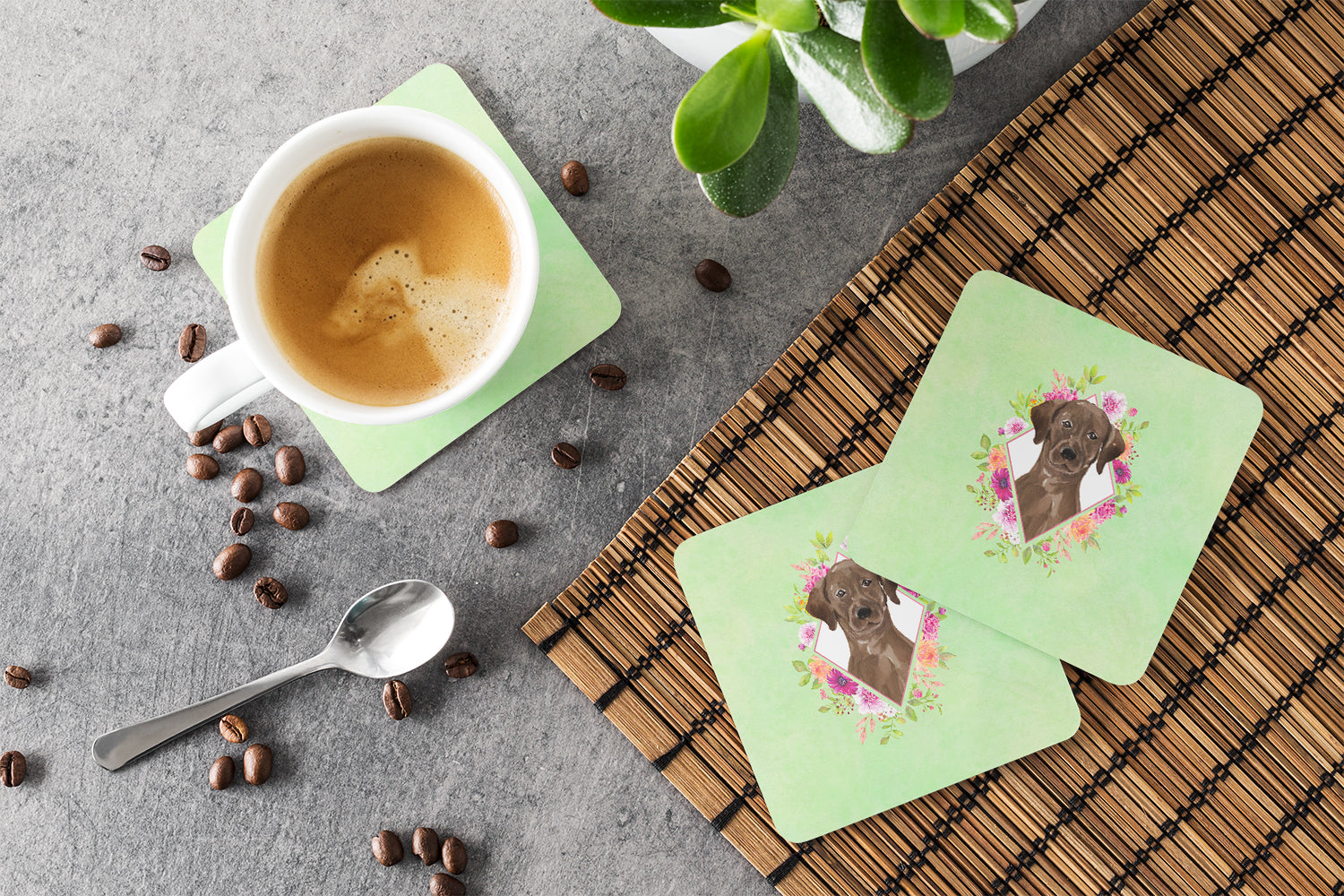 Chocolate Labrador Green Flowers Foam Coasters Set of 4 Cup Coasters for Indoor Outdoor, Tabletop Protection, Anti Slip, Mouse pad Material